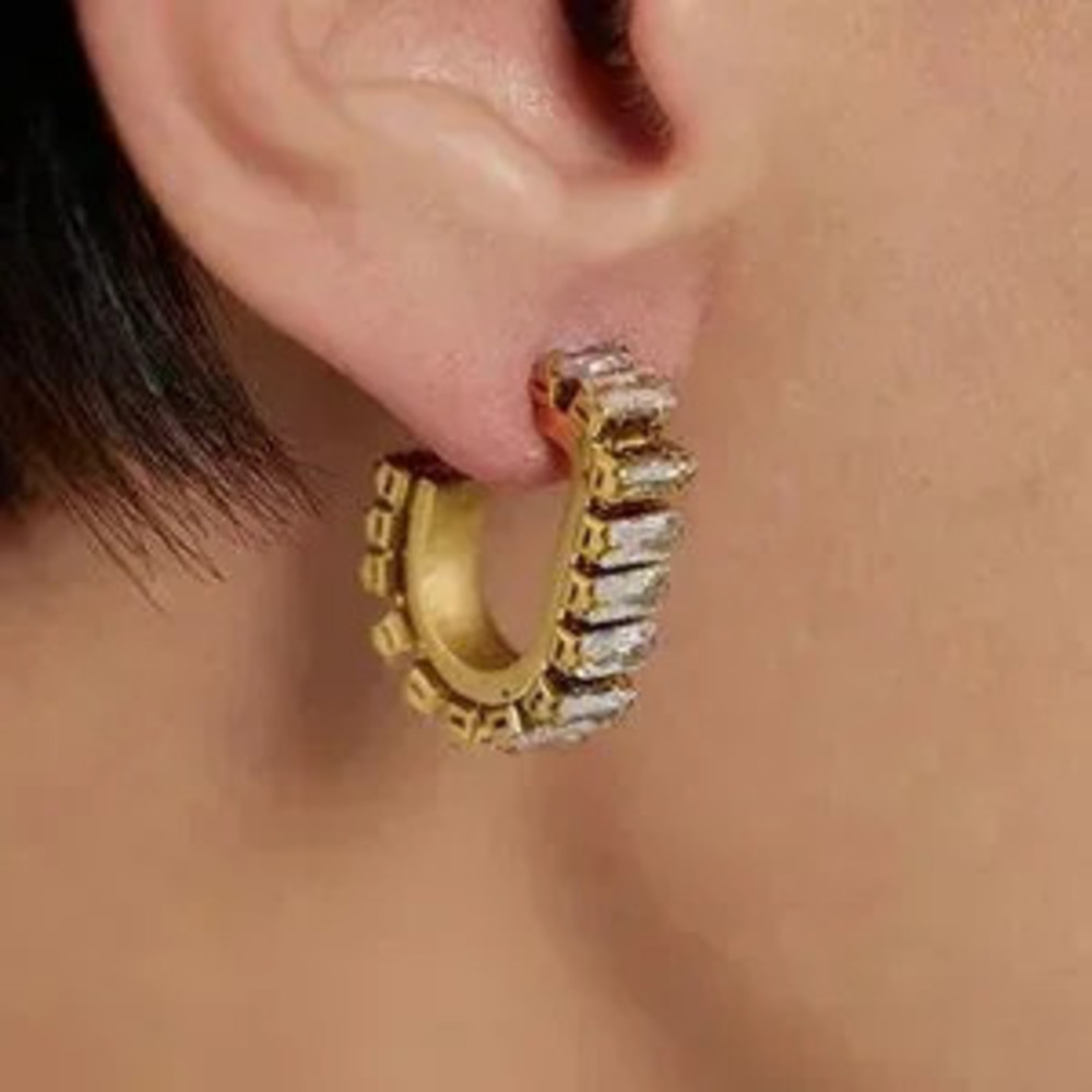 18K Gold Plated Baguette Diamond Hoop Earrings